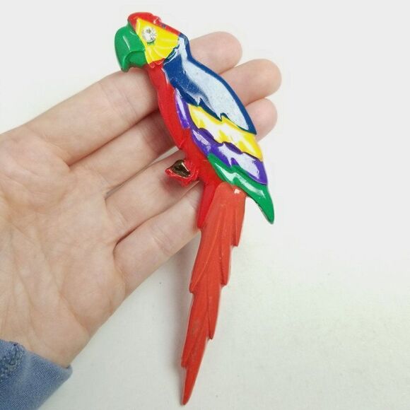 Vintage Jewelry - Vintage Giant Macaw Parrot Brooch, Rainbow Colorful Painted Bird Lapel Pin
